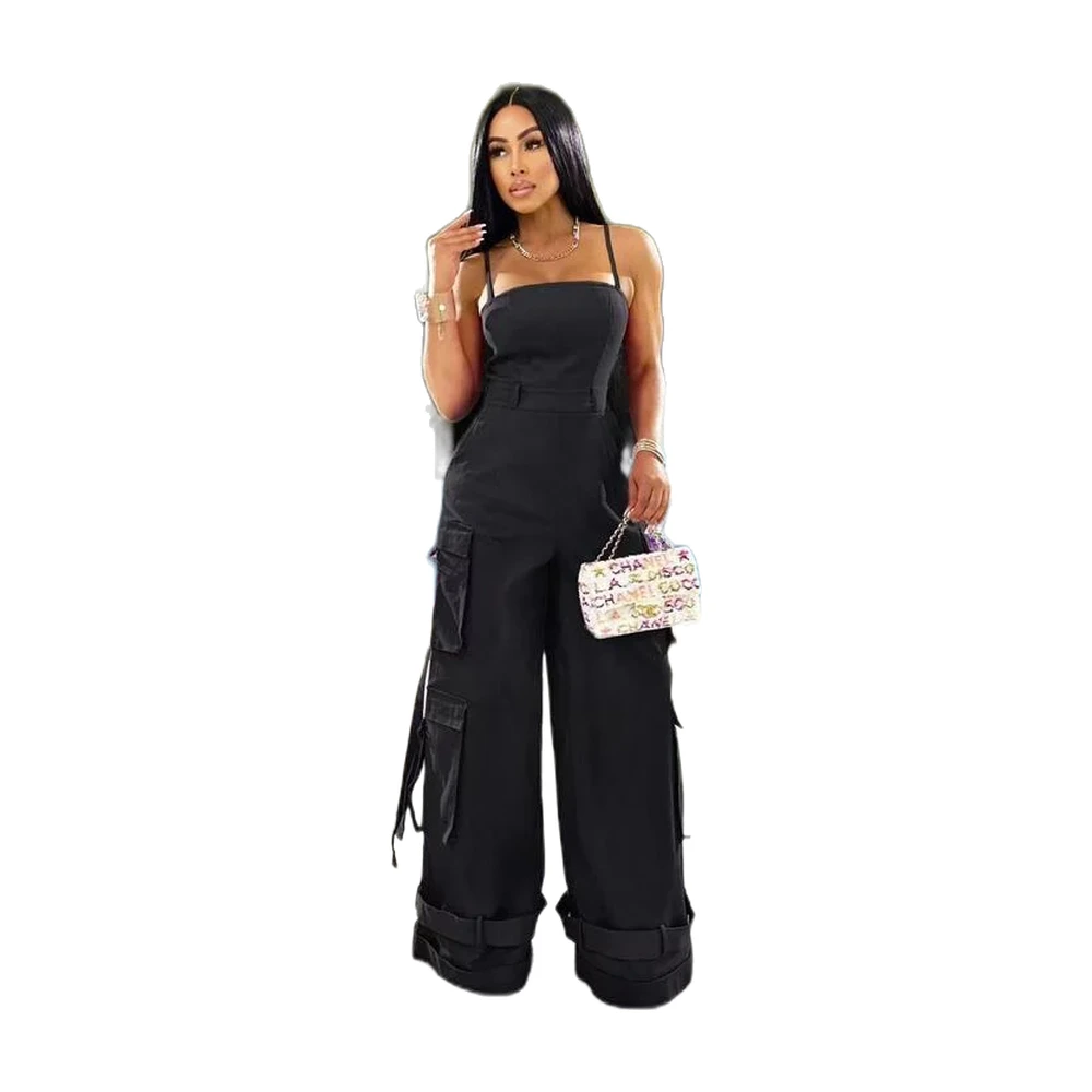 Women’s High-Waist Wide-Leg Cargo Pockets Jumpsuit Romper for Streetwear - garment view