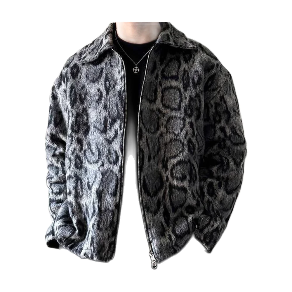 Men’s Leopard Print Fuzzy Texture Zip-Up Jacket - garment view