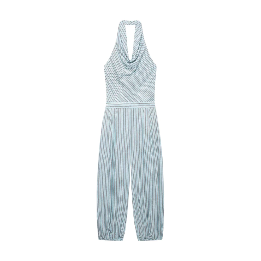 Women’s Striped Halter Neck Wide Leg Jumpsuit - garment view