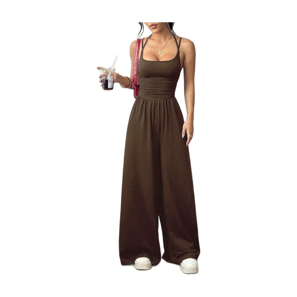 Women’s Denim Halter Neck Wide Leg Jumpsuit - garment view