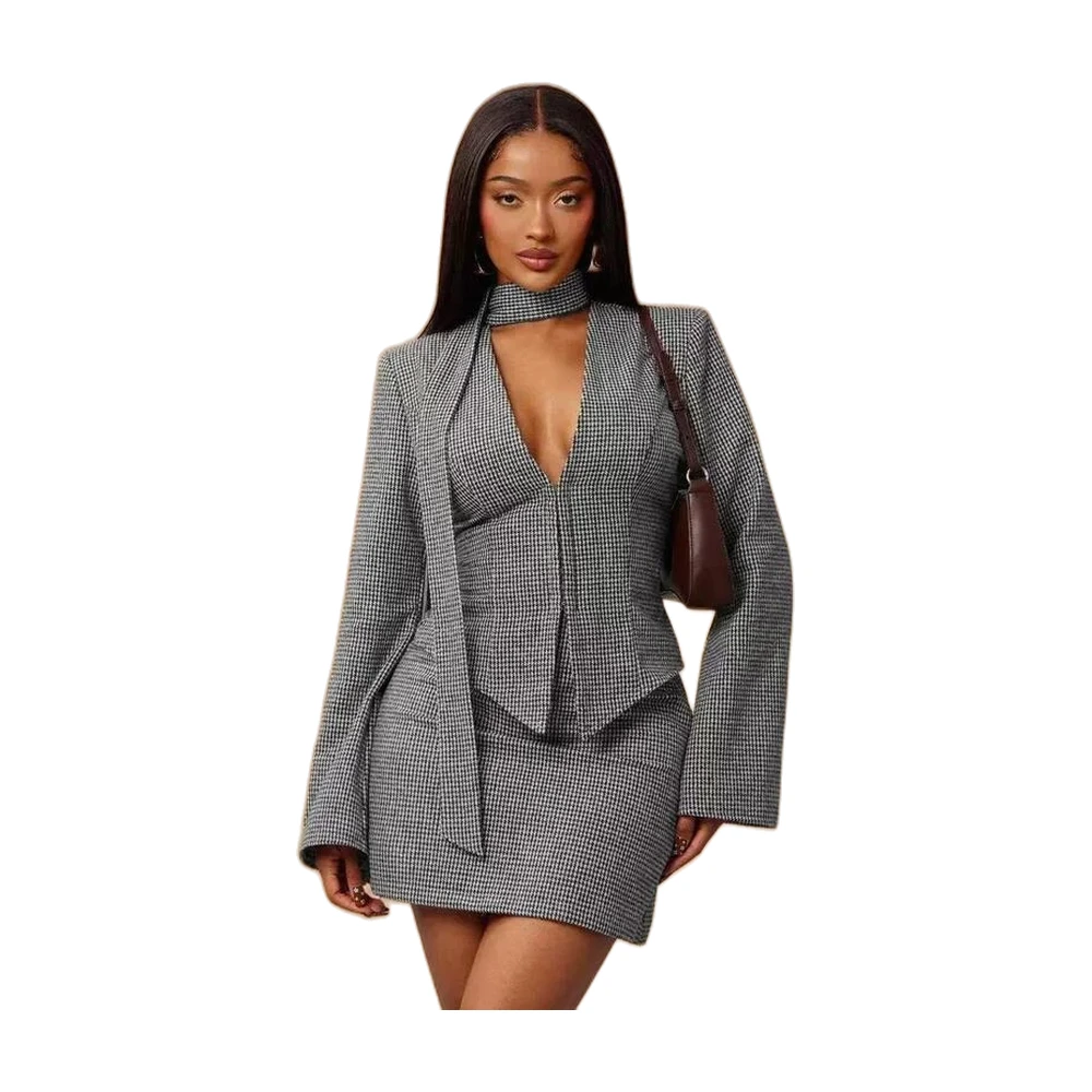 Women’s Houndstooth Blazer & Mini Skirt Set - garment view