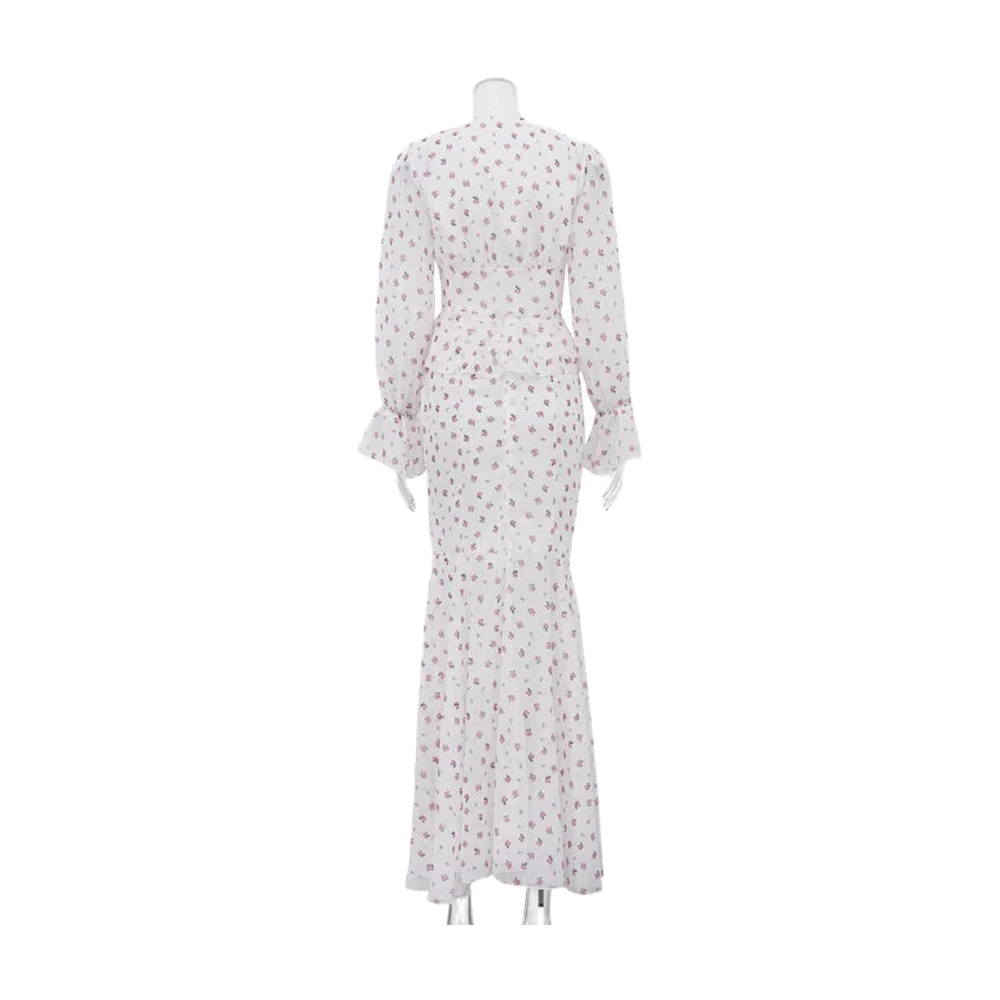 Women’s Floral Print Blouse and High-Waist Mermaid Hem Maxi Skirt Set - garment view