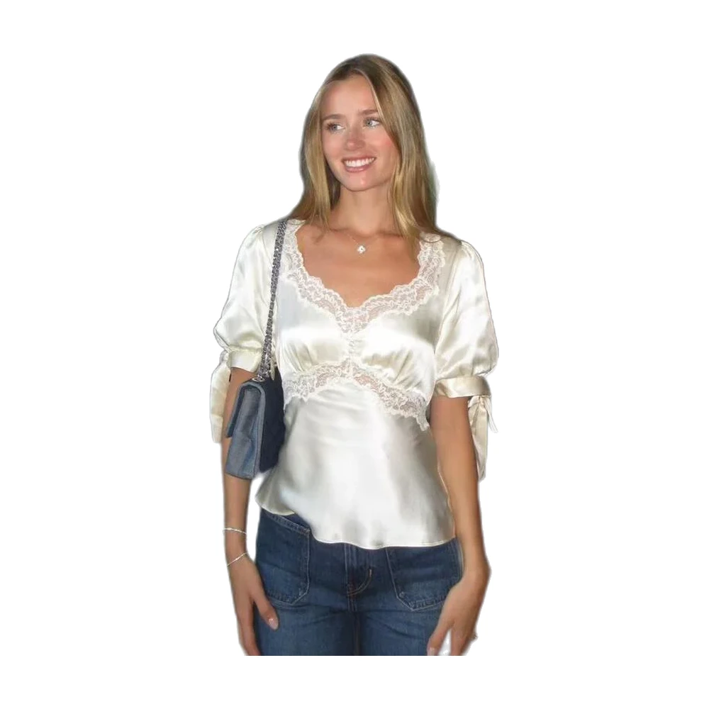Women’s Lace Trim Puff Sleeve Blouse - garment view