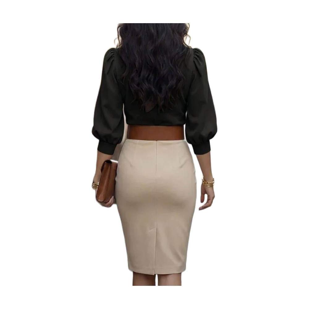 Women’s Wrap V-Neck Puff-Sleeve Fitted Blouse for Office and Casual Wear - garment view