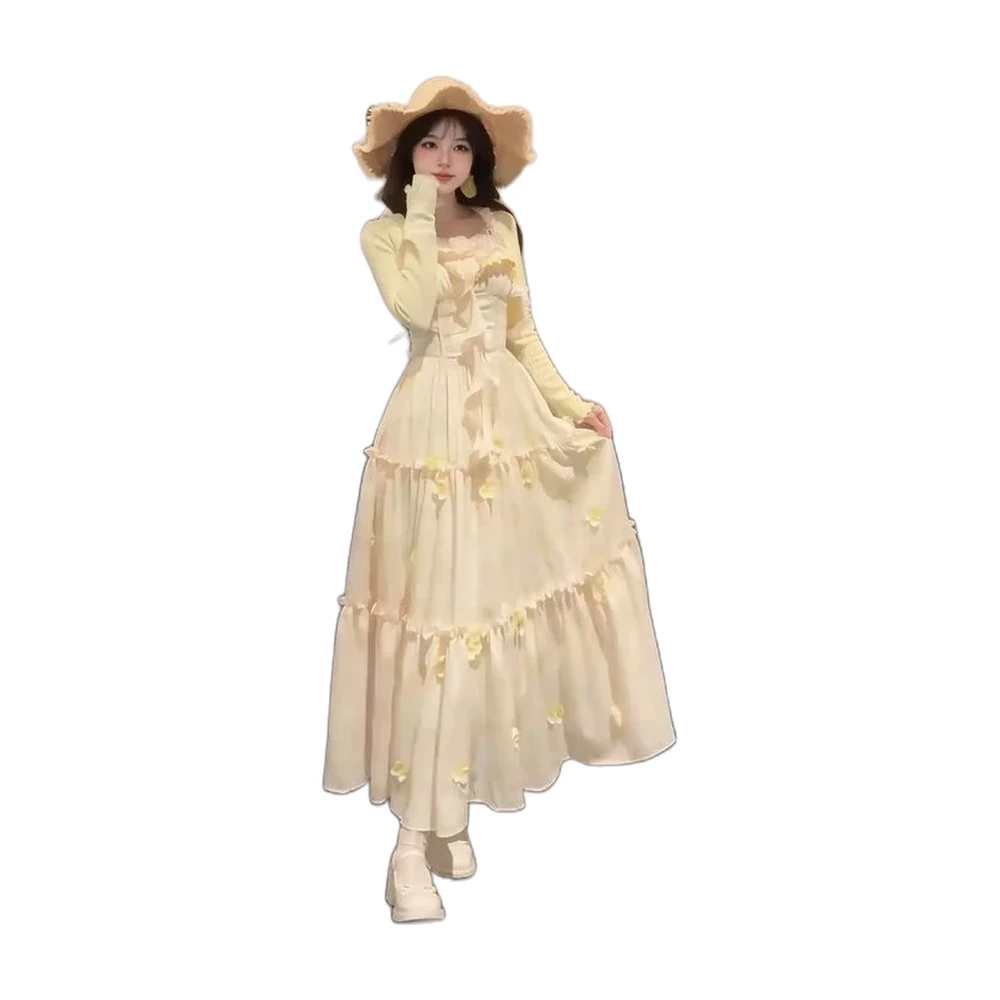 Women’s Vintage Floral Puff-Sleeve Midi Dress - garment view
