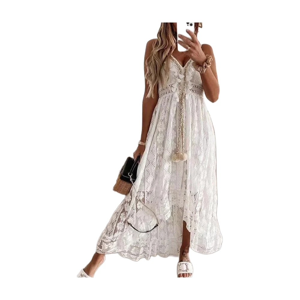 Women’s Bohemian V-Neck Lace Tiered Maxi Dress – Machine Washable for Everyday Wear - garment view