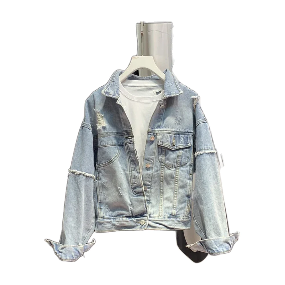 Women’s Distressed Cropped Denim Jacket - garment view