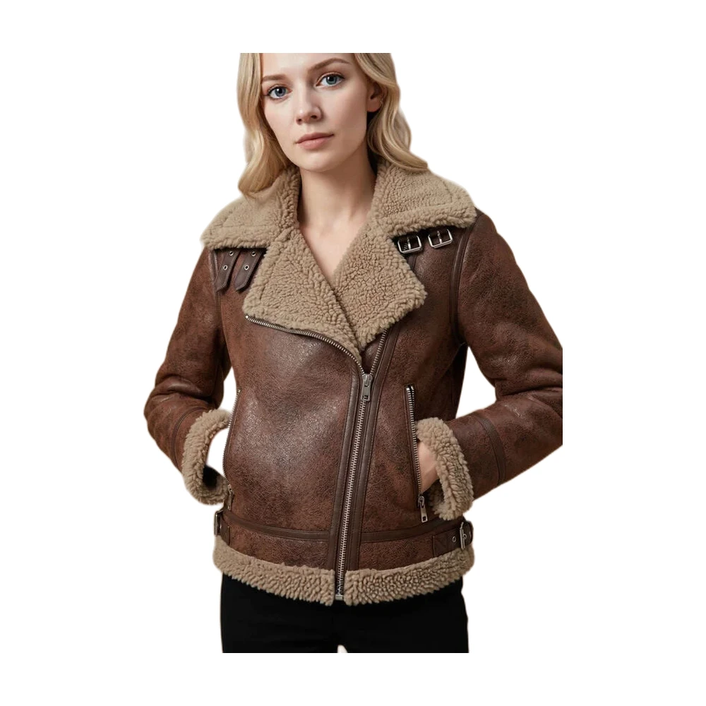 Women’s Faux Shearling Leather Biker Jacket - garment view