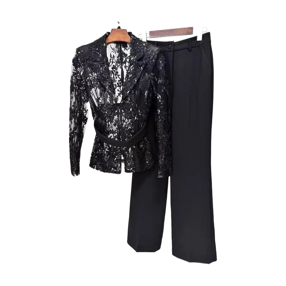 Floral Embroidered Lace Blazer Pants Suit Set - garment view
