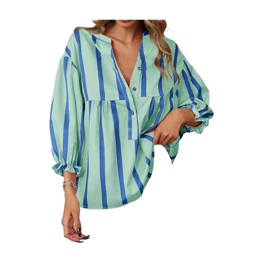 Women’s Vertical Stripe V-Neck Loose Fit Blouse for Casual Everyday Wear - garment view