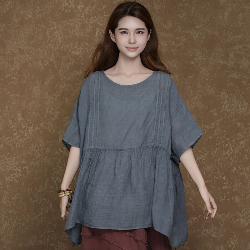 Women's Loose-Fit Gathered-Waist Asymmetric Tunic Top for Casual Wear