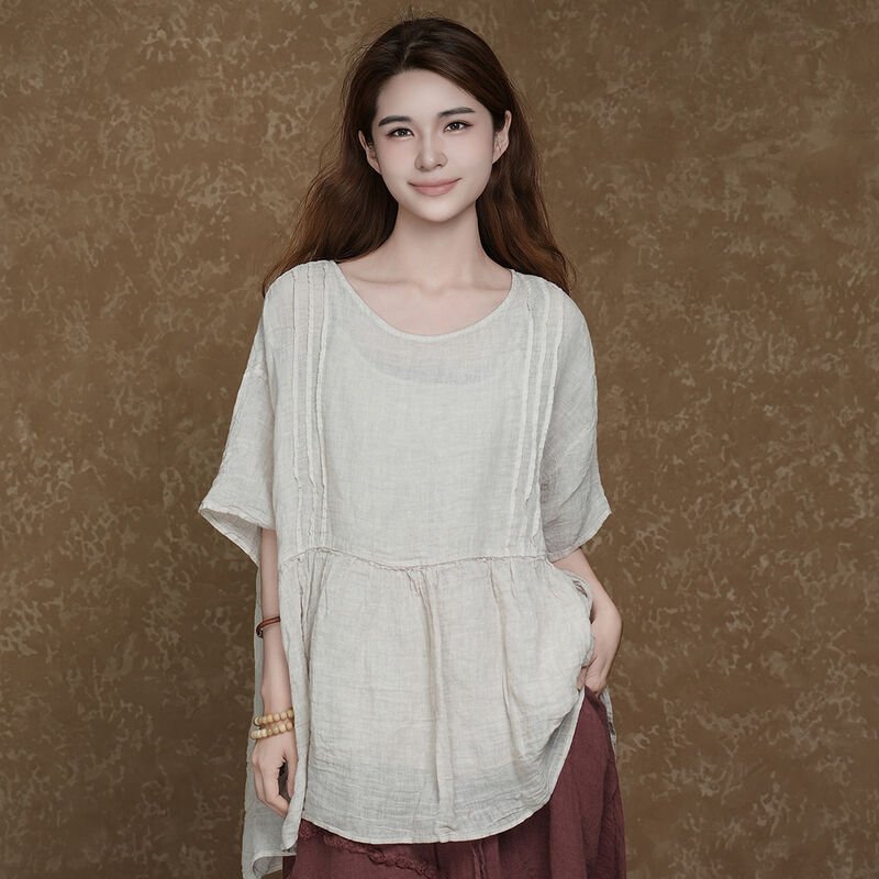 Women's Loose-Fit Gathered-Waist Asymmetric Tunic Top for Casual Wear - Image 3