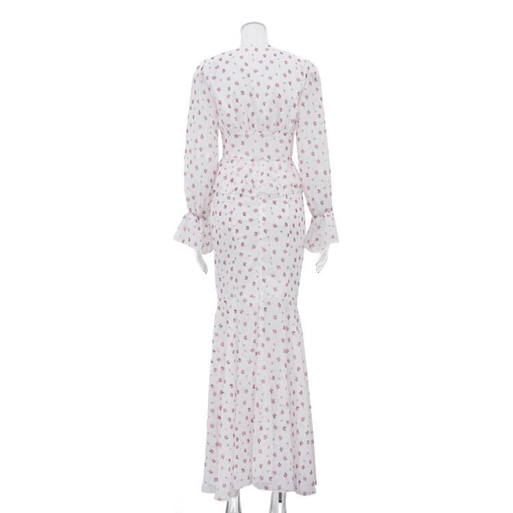Women’s Floral Print Blouse and High-Waist Mermaid Hem Maxi Skirt Set - garment view
