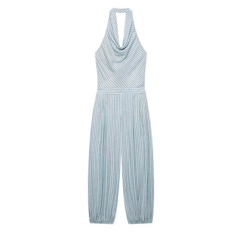 Women’s Striped Halter Neck Wide Leg Jumpsuit - garment view