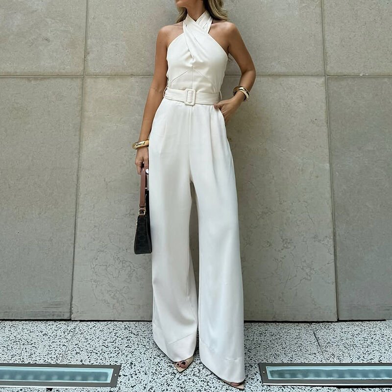 Women’s Elegant Halter Neck Wide Leg Jumpsuit - garment view