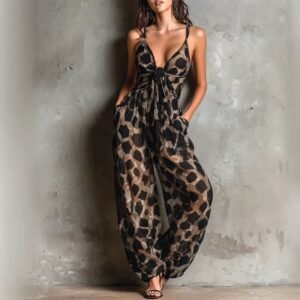 Women’s Leopard Print Spaghetti Strap Loose Fit Jumpsuit