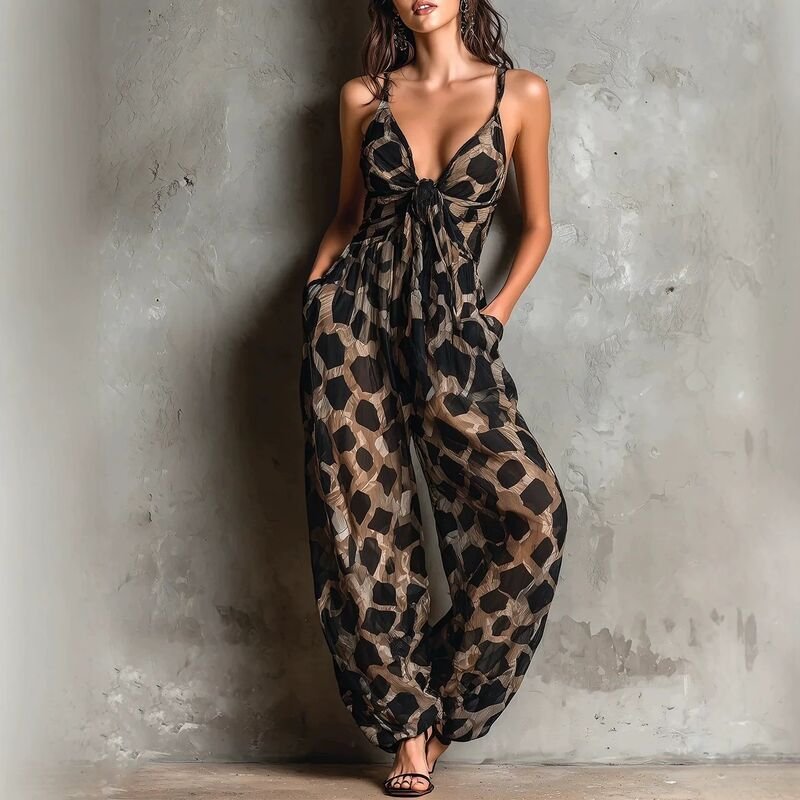 Women’s Leopard Print Spaghetti Strap Loose Fit Jumpsuit - garment view