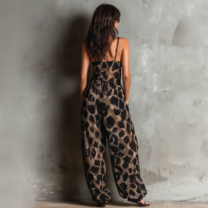 Women’s Leopard Print Spaghetti Strap Loose Fit Jumpsuit - Image 3