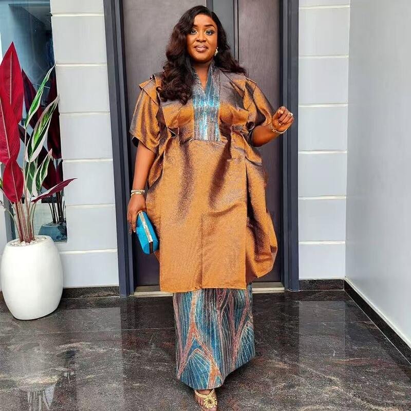 Women’s African Traditional Two-Piece Metallic Fabric Set - Image 2