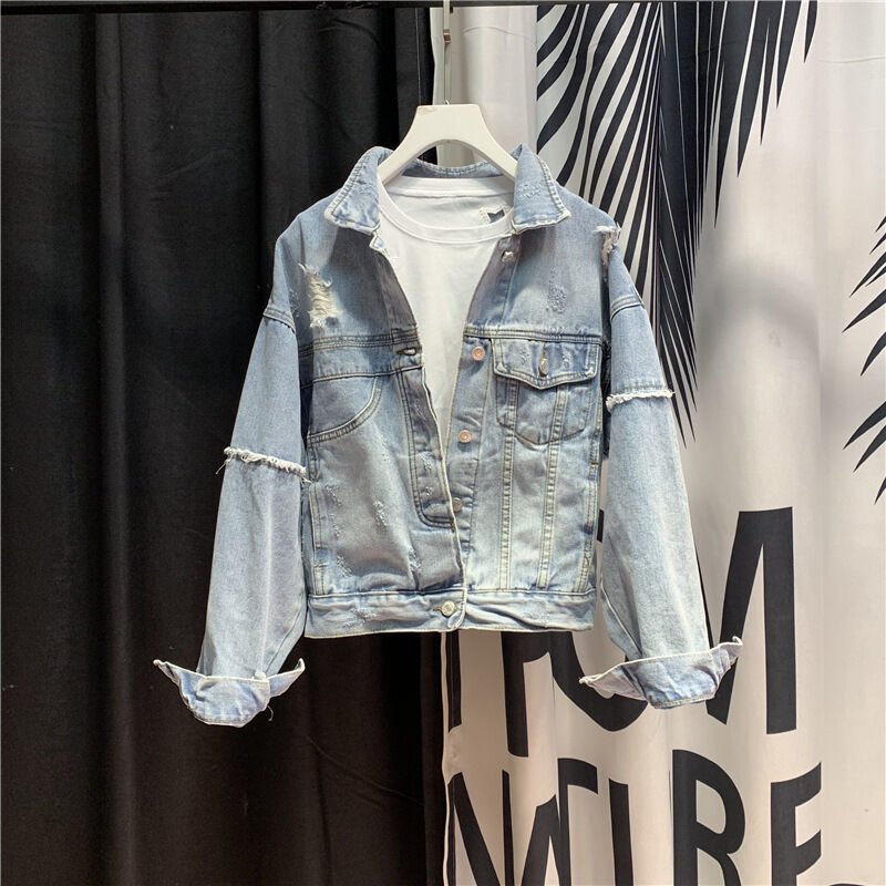 Women’s Distressed Cropped Denim Jacket - garment view