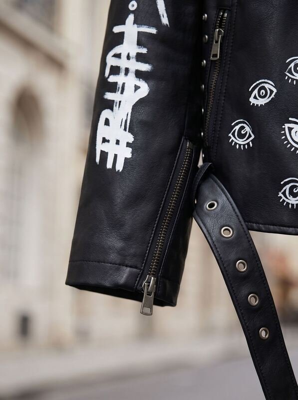 Women’s Graphic Print Faux Leather Biker Jacket - Image 2