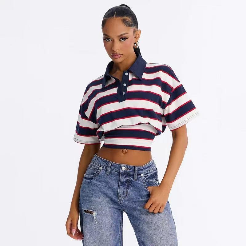 Women’s Striped Polo Crop Top - garment view