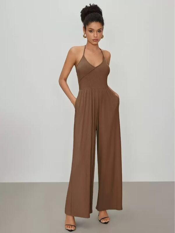 Women’s Ribbed Knit Wide-Leg Jumpsuit - garment view