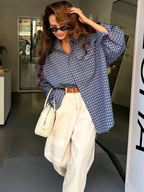 Women’s Blue Plaid Long Sleeve Button Front Shirt – Casual Blouse - Image 2