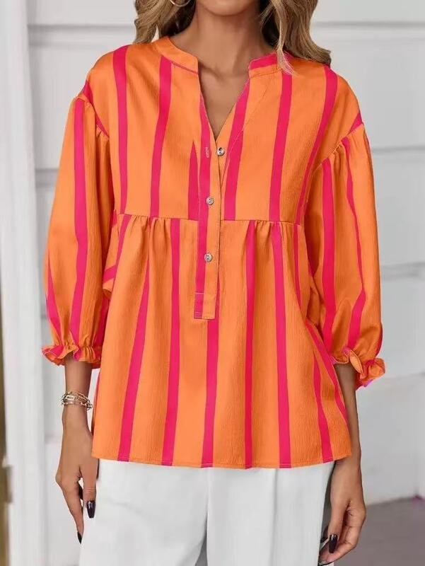 Women’s Vertical Stripe V-Neck Loose Fit Blouse for Casual Everyday Wear - Image 2