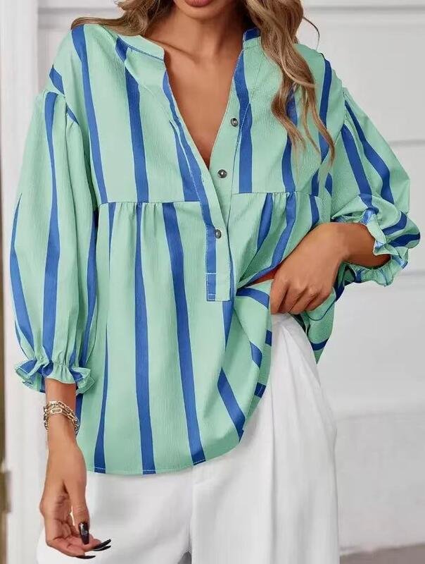 Women’s Vertical Stripe V-Neck Loose Fit Blouse for Casual Everyday Wear - Image 3