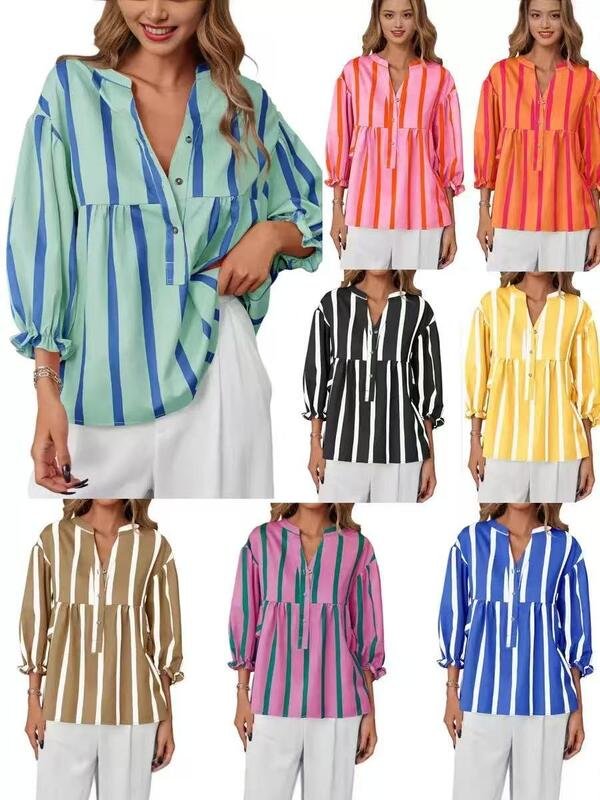 Women’s Vertical Stripe V-Neck Loose Fit Blouse for Casual Everyday Wear