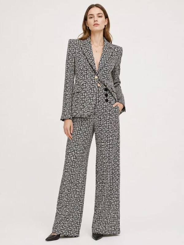 Women’s Geometric Print Blazer Pants Set - garment view