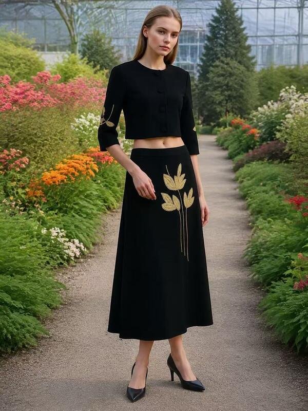 Women’s Embroidered Crop Jacket & Skirt Set - Image 2