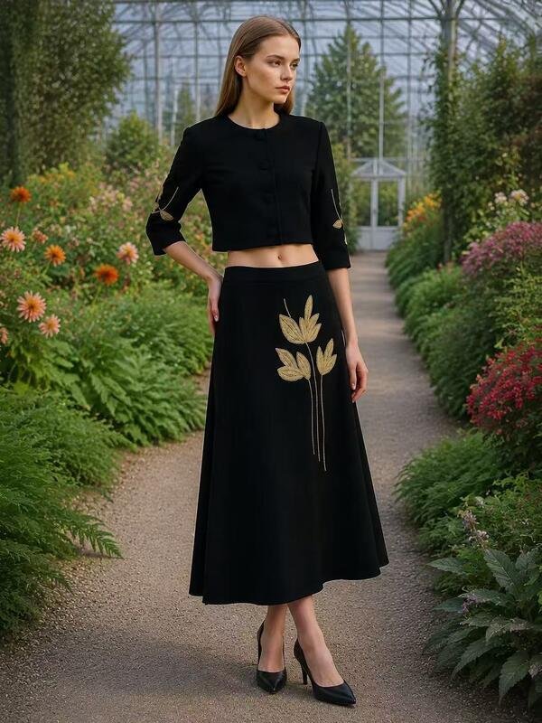 Women’s Embroidered Crop Jacket & Skirt Set - Image 3