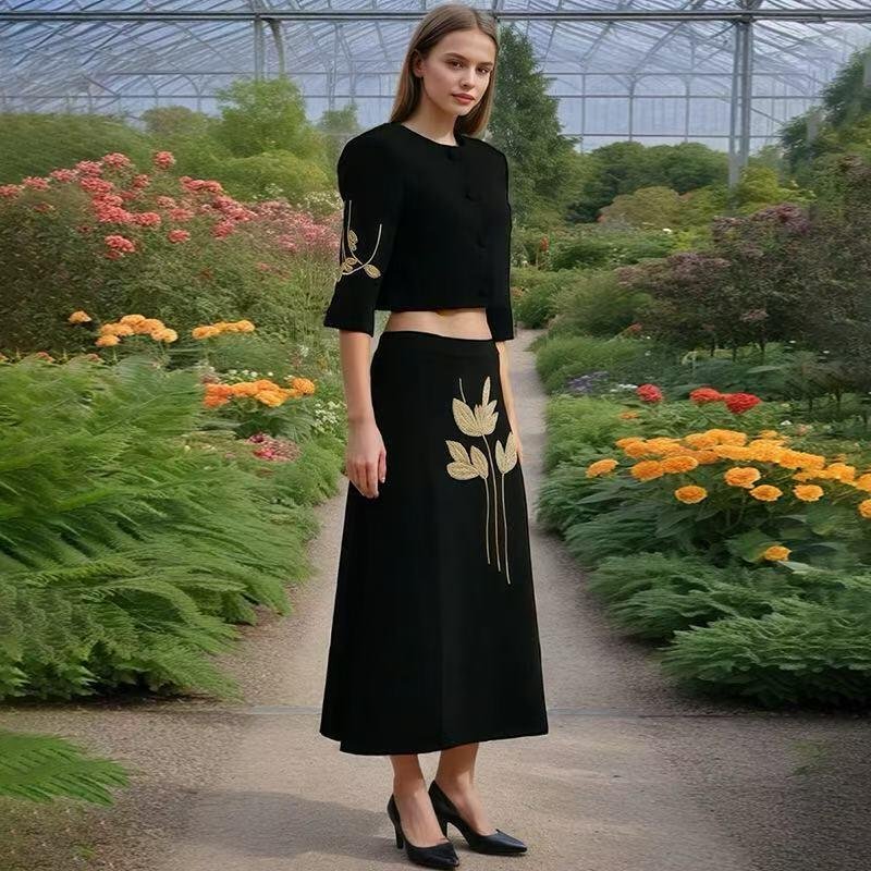 Women’s Embroidered Crop Jacket & Skirt Set - garment view