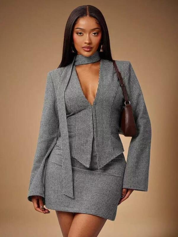 Women’s Houndstooth Blazer & Mini Skirt Set - garment view