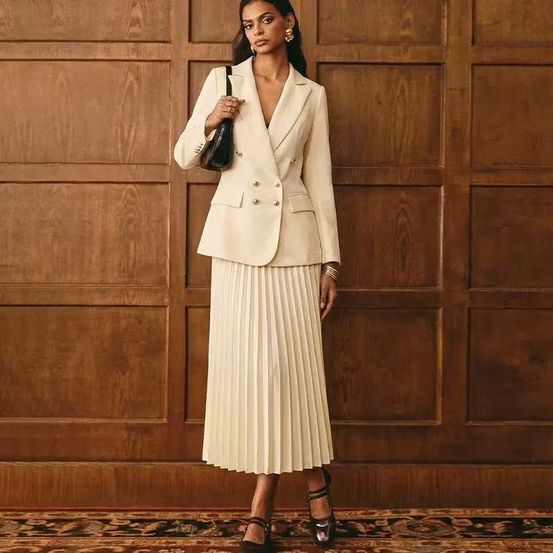 Women’s Double-Breasted Blazer & Pleated Skirt Set - garment view