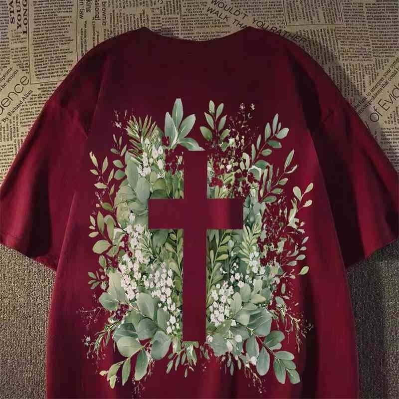 Men’s Floral Cross Print Graphic T-Shirt in Soft Cotton Fabric for Streetwear Style - garment view