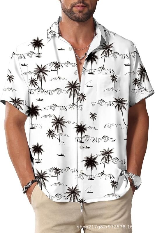 Men’s Tropical Floral Print Short Sleeve Casual Shirt - garment view