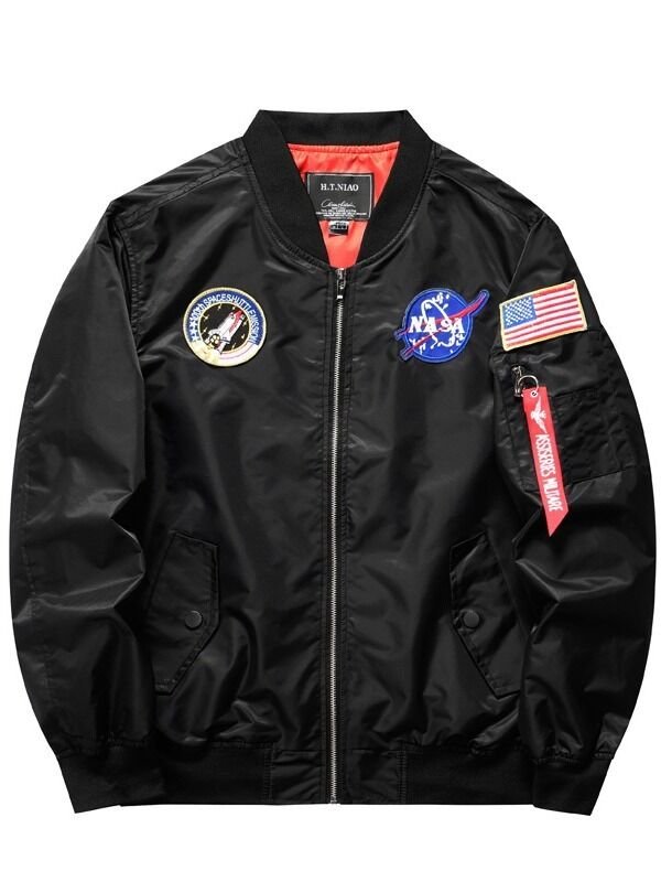 Men’s Space-Inspired Embroidered Patch Bomber Jacket - Image 3