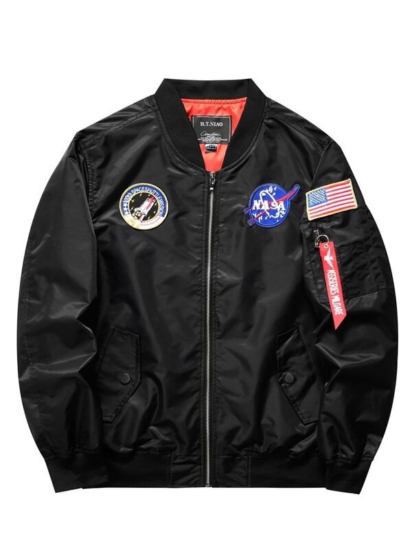 Men’s Space-Inspired Embroidered Patch Bomber Jacket - garment view