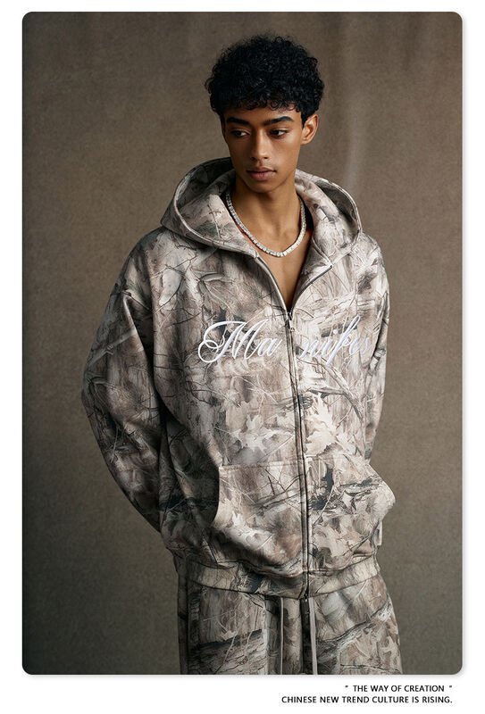 Men’s Abstract Print Embroidered Hooded Zip-Up Jacket - garment view