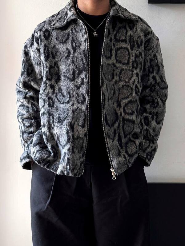 Men’s Leopard Print Fuzzy Texture Zip-Up Jacket - Image 2