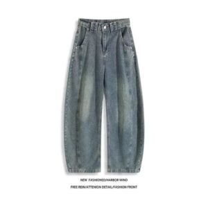 Men's Vintage-Wash Oversized Barrel-Leg Denim Jeans