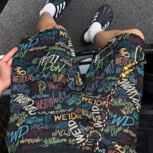 All-over graffiti print textured wide-leg shorts